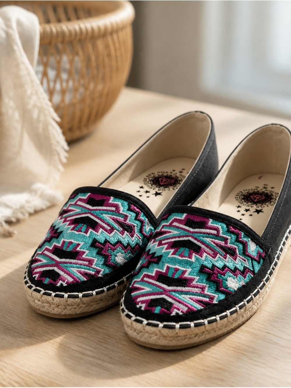 Rock & Candy Black Espadrille Slip-Ons with Pink & Teal Embroidered Pattern - Picture 4 of 9